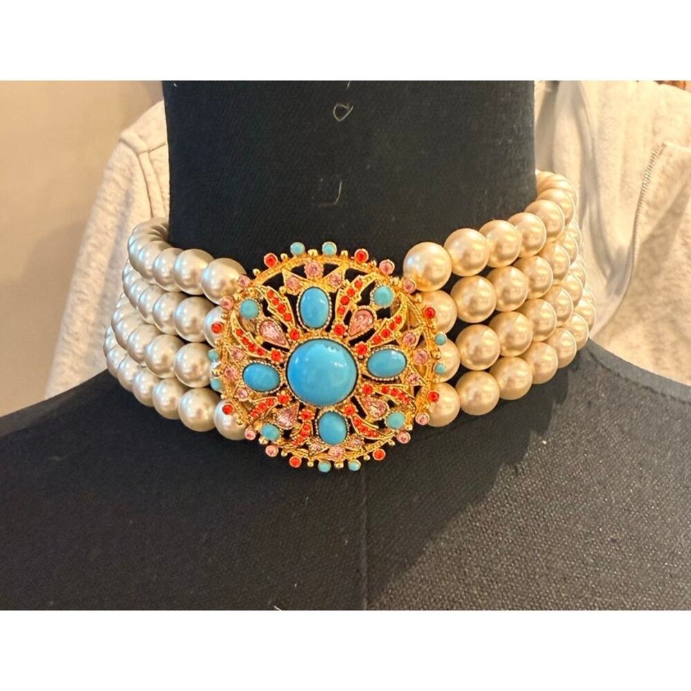 Ben-Amun Pearl Choker Turquoise Cabochon Statement Necklace